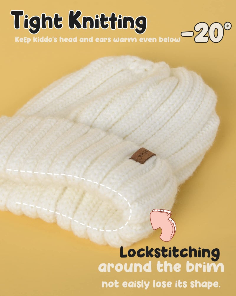 FURTALK Kids Winter Hat Toddler Knitted Beanie with Faux Fur Pom Poms for Baby Girls Boys White with White Pom,3-24 Months - Image 2